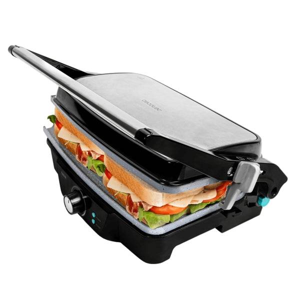 Cecotec Rock'nGrill 1500 Stone Ceramic Mix and Grill Griglia Elettrica - Potenza 1500W - Apertura 180° - Rivestimento in Ceramica - Senza PTFE e PFOA - Base Antiscivolo - Colore Nero e Argento