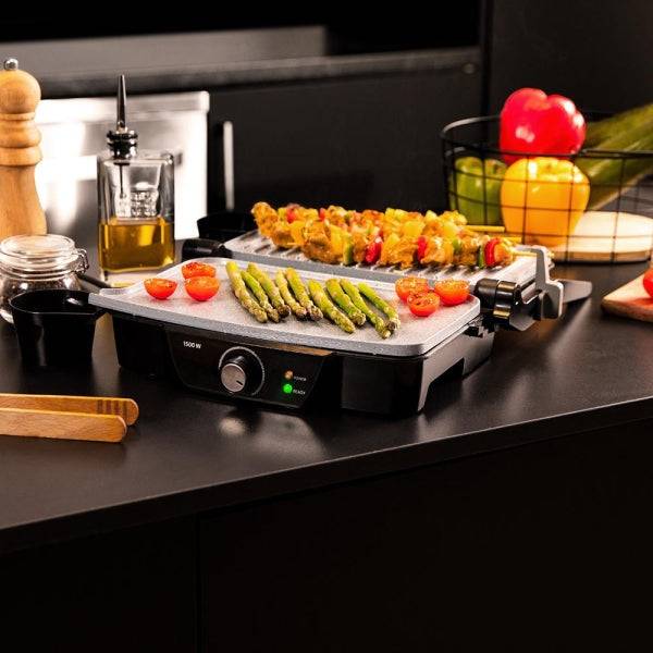 Cecotec Rock'nGrill 1500 Stone Ceramic Mix and Grill Griglia Elettrica - Potenza 1500W - Apertura 180° - Rivestimento in Ceramica - Senza PTFE e PFOA - Base Antiscivolo - Colore Nero e Argento