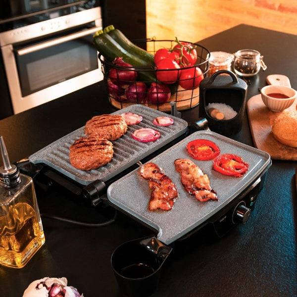Cecotec Rock'nGrill 1500 Stone Ceramic Mix and Grill Griglia Elettrica - Potenza 1500W - Apertura 180° - Rivestimento in Ceramica - Senza PTFE e PFOA - Base Antiscivolo - Colore Nero e Argento