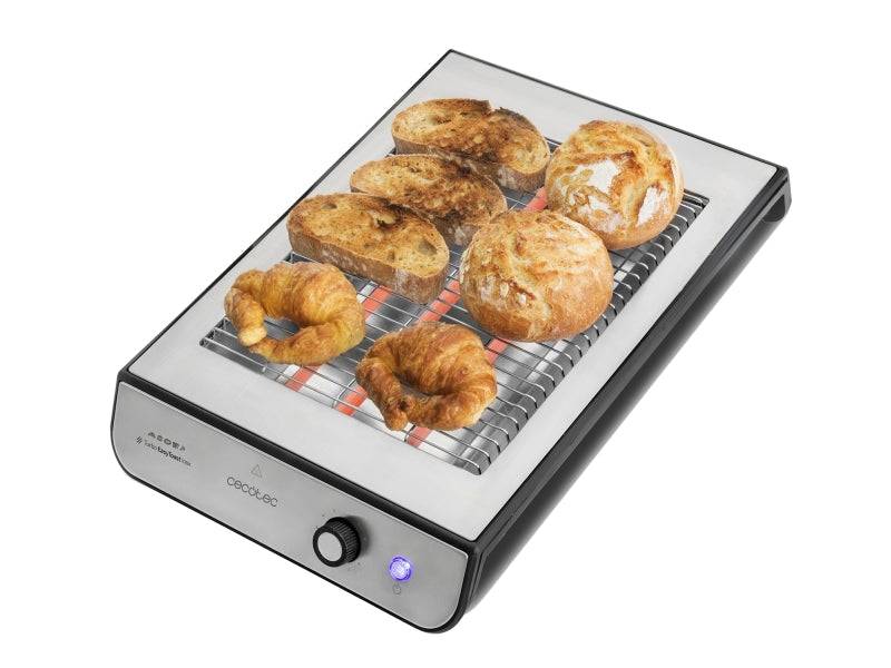 Cecotec Turbo Easy Toast Inox Tostapane Orizzontale - 900W - 3 Resistenze al Quarzo - 6 Livelli di Tostatura - Vano Raccoglicavi - Base Antiscivolo - Raccoglibriciole - Colore Nero e Argento