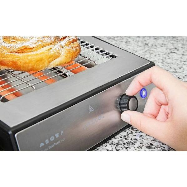 Cecotec Turbo Easy Toast Inox Tostapane Orizzontale - 900W - 3 Resistenze al Quarzo - 6 Livelli di Tostatura - Vano Raccoglicavi - Base Antiscivolo - Raccoglibriciole - Colore Nero e Argento