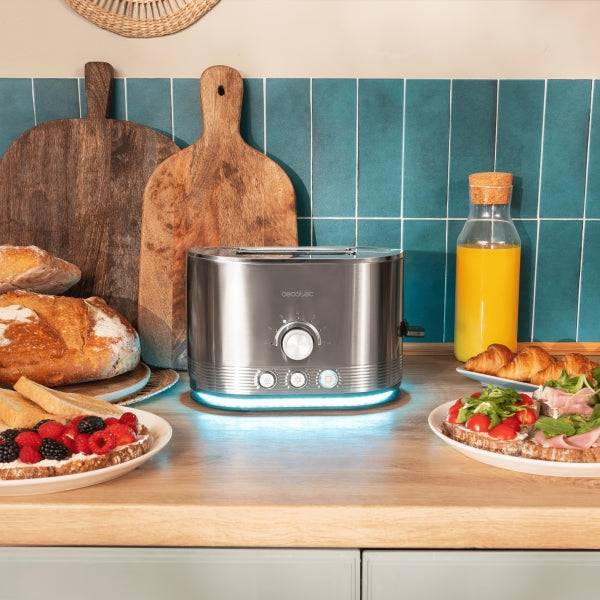 Cecotec Shine and Toast Double Tostapane Doppio - Potenza 850W - Fessura Larga - Finiture in Acciaio Inossidabile - 7 Livelli di Tostatura - Autocentraggio - Scalda Panini - Colore Grigio
