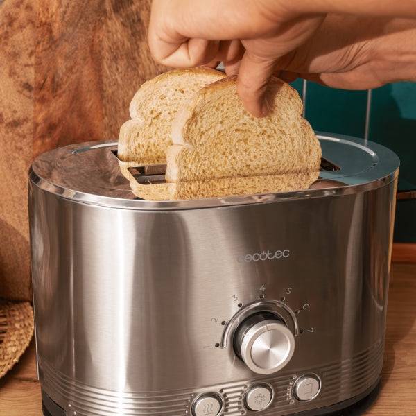 Cecotec Shine and Toast Double Tostapane Doppio - Potenza 850W - Fessura Larga - Finiture in Acciaio Inossidabile - 7 Livelli di Tostatura - Autocentraggio - Scalda Panini - Colore Grigio