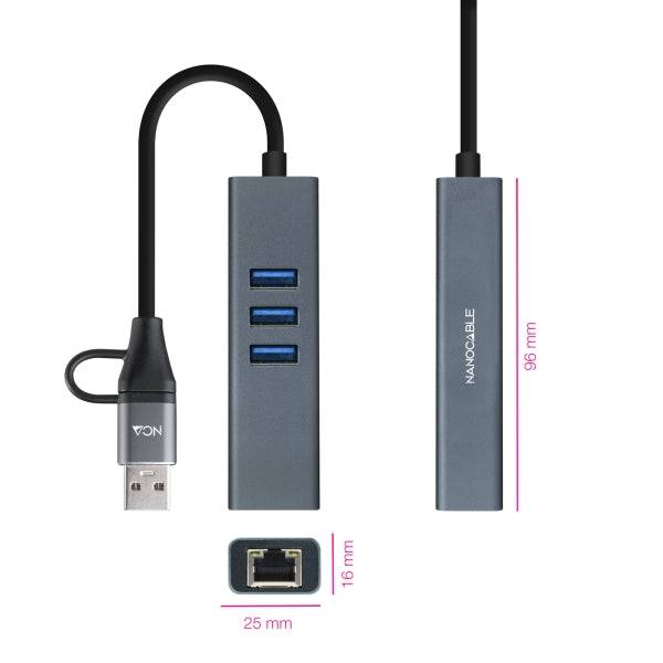Nanocable Adattatore di Rete USB-C + USB-A/M 3.0 a Ethernet Gigabit 10/100/1000 Mbps + Hub 3xUSB-A 3.0 - 15 cm - Colore Grigio