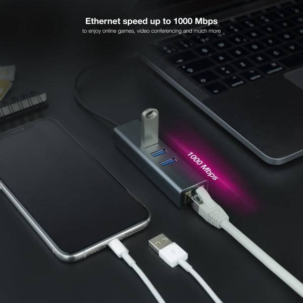 Nanocable Adattatore di Rete USB-C + USB-A/M 3.0 a Ethernet Gigabit 10/100/1000 Mbps + Hub 3xUSB-A 3.0 - 15 cm - Colore Grigio