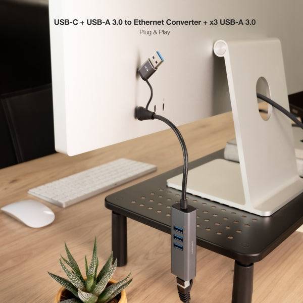Nanocable Adattatore di Rete USB-C + USB-A/M 3.0 a Ethernet Gigabit 10/100/1000 Mbps + Hub 3xUSB-A 3.0 - 15 cm - Colore Grigio