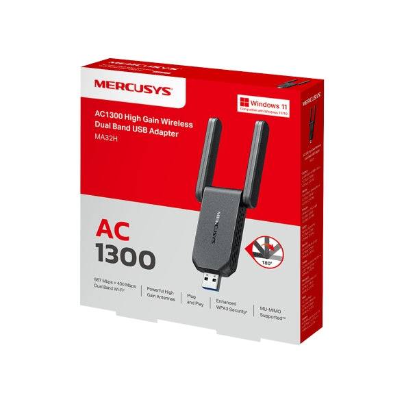 Mercusys MA32H Adattatore USB WiFi Dual Band AC1300 - USB 3.0 - Fino a 867Mbps 5GHz, Fino a 400Mbps 2.4GHz - Nero