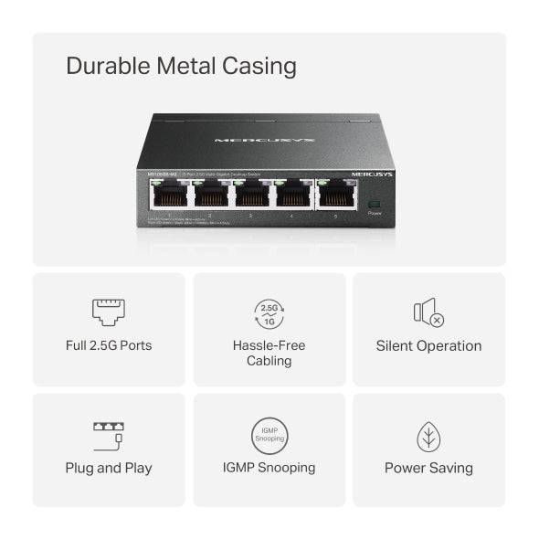 Mercusys MS105GS-M2 Switch 5 Porte 2.5 Gigabit - Multi-Gigabit 10/100/1000/2500 - Negoziazione Automatica - Colore Nero
