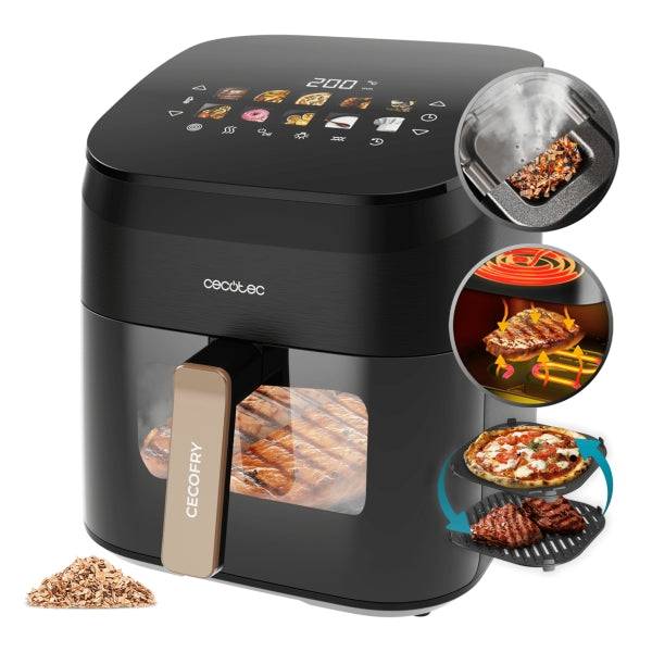 Cecotec Cecofry and Grill Smokin' 6500 Friggitrice ad Aria - 2200W - Capacità 6,5L - Temperatura Regolabile fino a 200ºC - Affumicatore Integrato - Finestra di Visualizzazione - Colore Nero