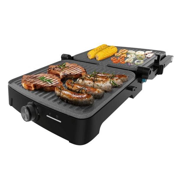 Cecotec Rock'nGrill 2000 Full Open Piastra Griglia Elettrica - 2000W - Antiaderente - Temperatura Regolabile - Apertura 180° - Vassoio Raccogli Grasso - Superficie Cottura 279x229mm - Colore Grigio