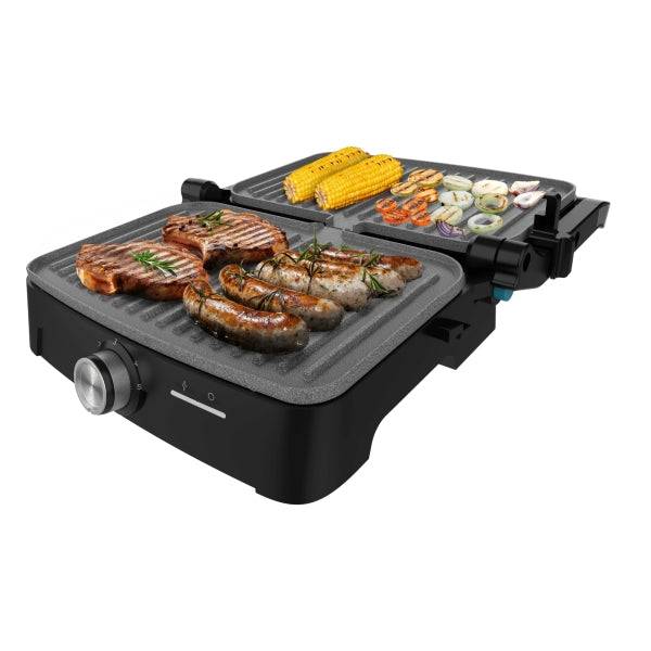 Cecotec Rock'nGrill 1500 Full Open Griglia Elettrica - 1500W - Temperatura Regolabile - Antiaderente - Apertura 180° - Vassoio Raccogli Grasso - Superficie Cottura 281x173mm - Colore Acciaio