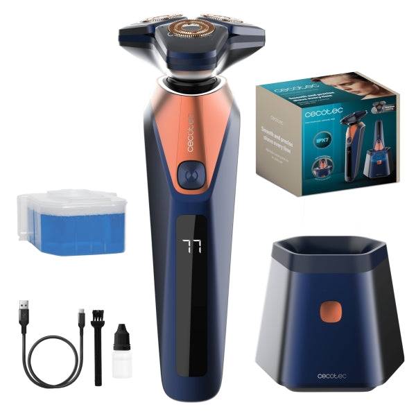 Cecotec PrecisionCare Saphire Pro Rasoio Rotativo con Base Autopulizia - Autonomia fino a 90min - Lame Titanio - Varie Velocità - Liquido Autopulizia - IPX7 - Nero