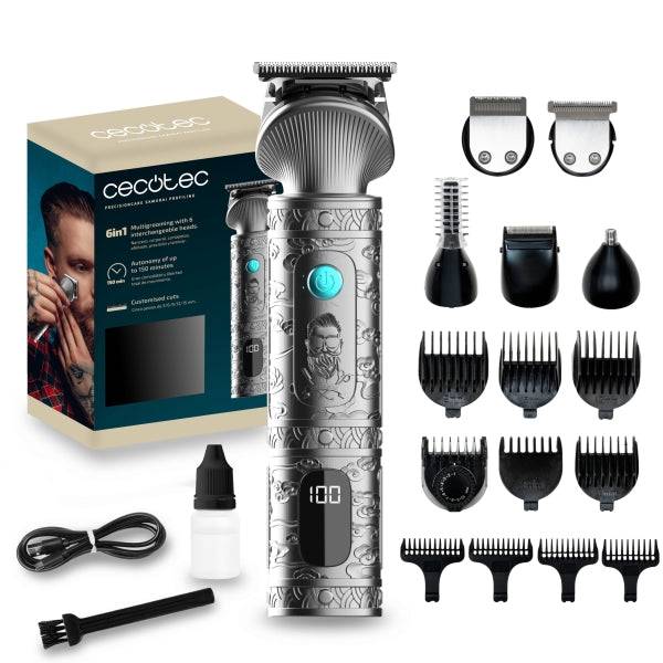 Cecotec PrecisionCare Samurai Profiling Rasoio Regolabarba 6 in 1 con Base - Autonomia 170min - Include Accessori - Lame Acciaio Inossidabile - Testine Incluse - Include Pettini Guida - Grigio