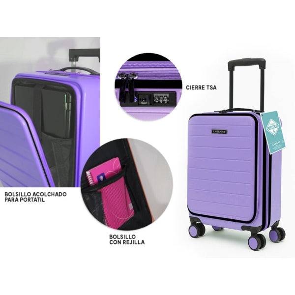 Lagart Valigia Trolley Pocket Cabina Rigida 20" 55x34x25cm - Scomparto Anteriore Imbottito per Laptop - Chiusura TSA - Ruote Doppie 360° - Colore Lilla Pastello