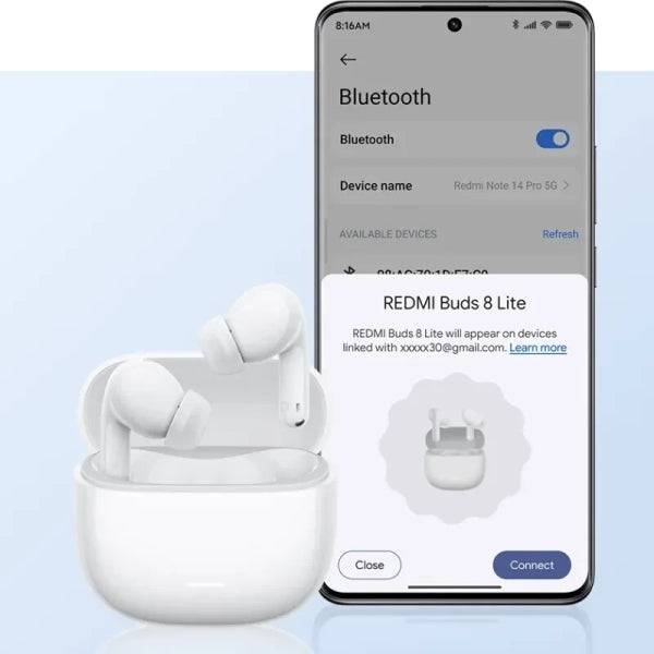 Xiaomi Redmi Buds 8 Lite Cuffie Wireless TWS - ANC Ibrido 42 dB - Driver Dinamico 12.4 mm Titanio - Doppio Microfono IA - Bluetooth 5.4 - Fino a 36 Ore di Autonomia - IP54