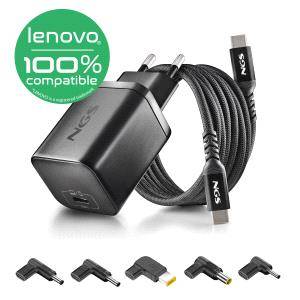 NGS BUD65W-L Caricatore GaN 65W per Portatili Lenovo - USB C Power Delivery e PPS - 5 Connettori DC Inclusi - Cavo USB C 1,5 m 60W - Design Ultraportatile - Protezione da Sovraccarichi e Surriscaldamento