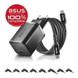 NGS BUD65W-AS Caricabatterie GaN 65W per Portatili ASUS - USB C Power Delivery e PPS - 8 Connettori DC Inclusi - Cavo USB C 1.5 m 60W - Design Ultraportatile - Protezione contro Sovraccarichi e Surriscaldamento