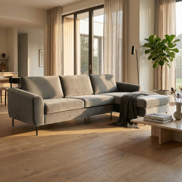 Divano con chaise longue in tessuto grigio, gambe metallo, 180x97x85 cm