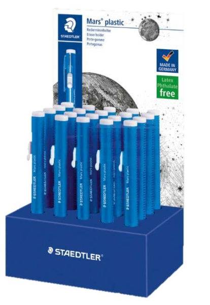 Staedtler Mars Plastic 528 50 Espositore con 20 Portegomme a Forma di Matita - Con Cursore per Scorrere la Gomma - Senza Ftalati né Lattice
