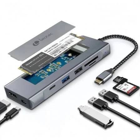 Leotec LEDS07 Docking Station USB C 8 in 1 con Slot SSD M.2 - HDMI 4K - Power Delivery 100W - USB 3.2 e USB C 10Gbps - Lettore SD e MicroSD - Compatibile SSD NVMe e SATA - Corpo Alluminio