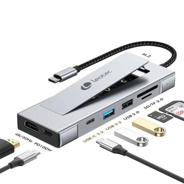 Leotec LEDS07 Docking Station USB C 8 in 1 con Slot SSD M.2 - HDMI 4K - Power Delivery 100W - USB 3.2 e USB C 10Gbps - Lettore SD e MicroSD - Compatibile SSD NVMe e SATA - Corpo Alluminio