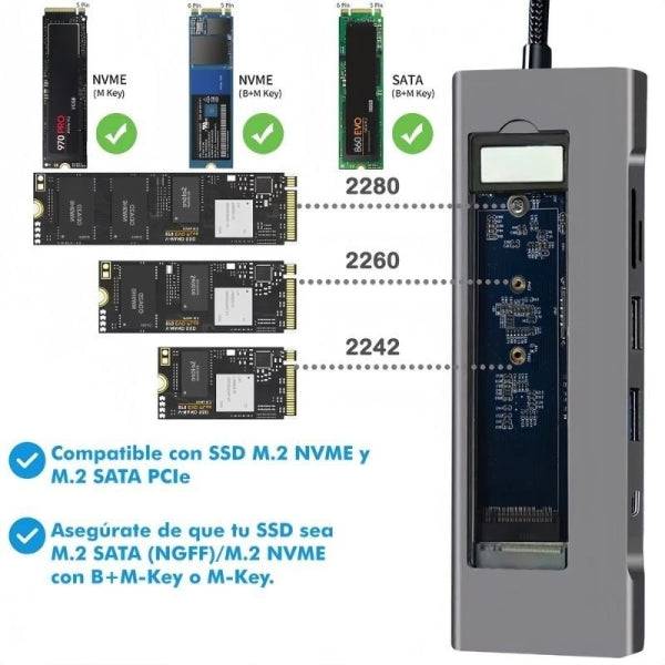 Leotec LEDS07 Docking Station USB C 8 in 1 con Slot SSD M.2 - HDMI 4K - Power Delivery 100W - USB 3.2 e USB C 10Gbps - Lettore SD e MicroSD - Compatibile SSD NVMe e SATA - Corpo Alluminio
