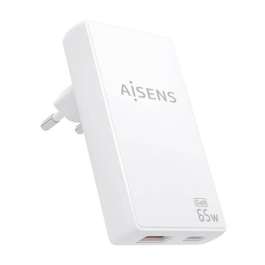 Aisens Caricatore GaN Ultra Sottile 65W - 1xUSB-C PD3.0 QC4.0 - 1xUSB-A QC3.0 - Tecnologia AI - Colore Bianco
