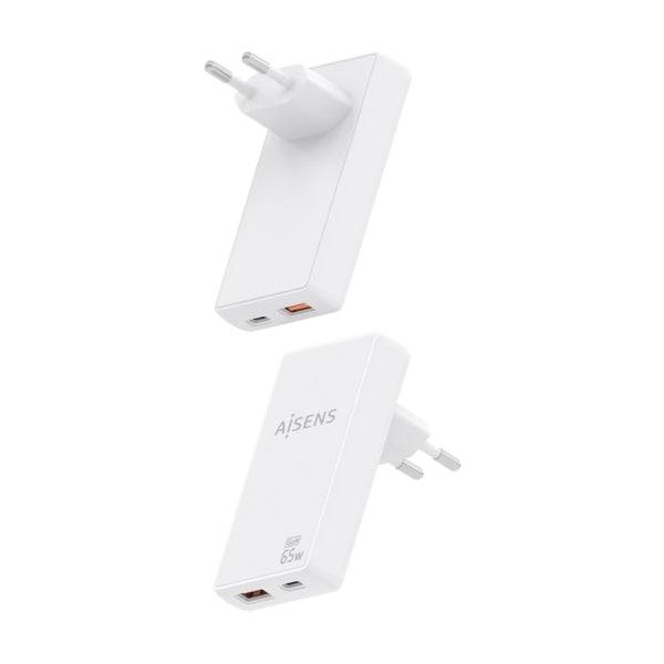 Aisens Caricatore GaN Ultra Sottile 65W - 1xUSB-C PD3.0 QC4.0 - 1xUSB-A QC3.0 - Tecnologia AI - Colore Bianco