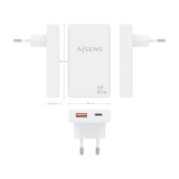 Aisens Caricatore GaN Ultra Sottile 65W - 1xUSB-C PD3.0 QC4.0 - 1xUSB-A QC3.0 - Tecnologia AI - Colore Bianco