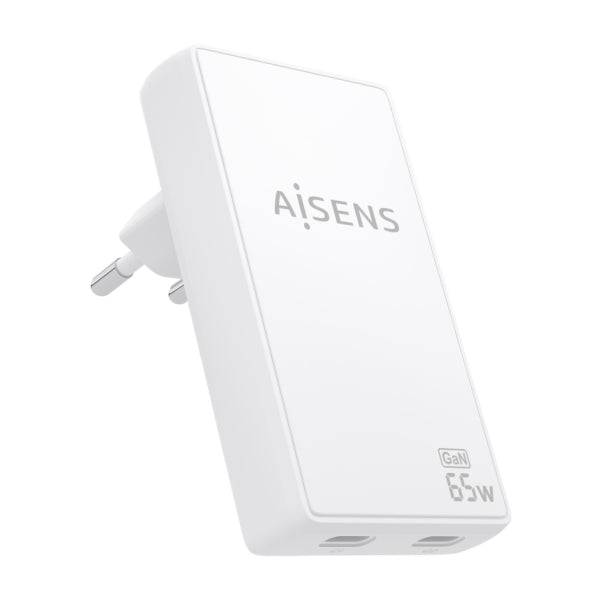 Aisens Caricabatterie GaN Ultra Sottile 65W - 2xUSB-C PD3.0 QC4.0 - Tecnologia AI - Colore Bianco