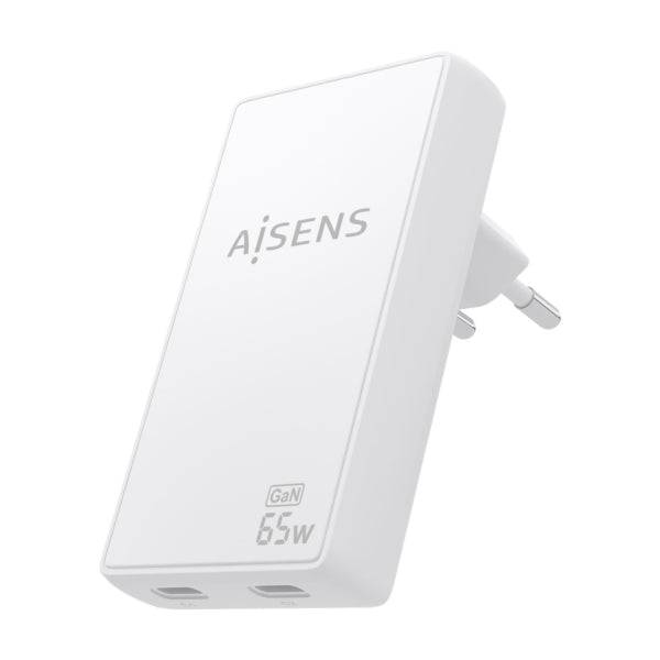 Aisens Caricabatterie GaN Ultra Sottile 65W - 2xUSB-C PD3.0 QC4.0 - Tecnologia AI - Colore Bianco