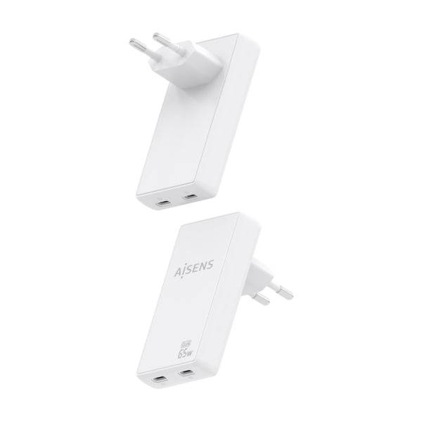Aisens Caricabatterie GaN Ultra Sottile 65W - 2xUSB-C PD3.0 QC4.0 - Tecnologia AI - Colore Bianco