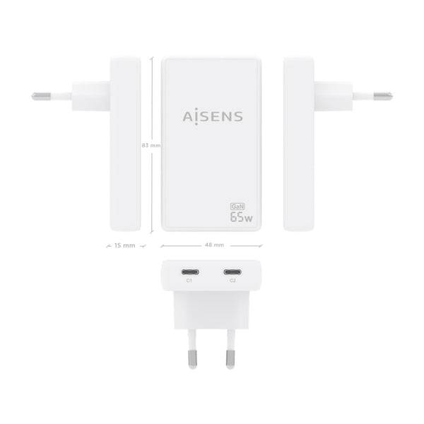Aisens Caricabatterie GaN Ultra Sottile 65W - 2xUSB-C PD3.0 QC4.0 - Tecnologia AI - Colore Bianco