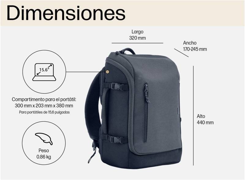 HP Travel Zaino Espandibile per Notebook 15.6" 25‑30L - Poliestere Resistente - Comparto Imbottito - Tasca RFID e Nascosta - Cerniere con Chiusura - Spallacci e Cintura Toracica Imbottiti - Colore Grigio