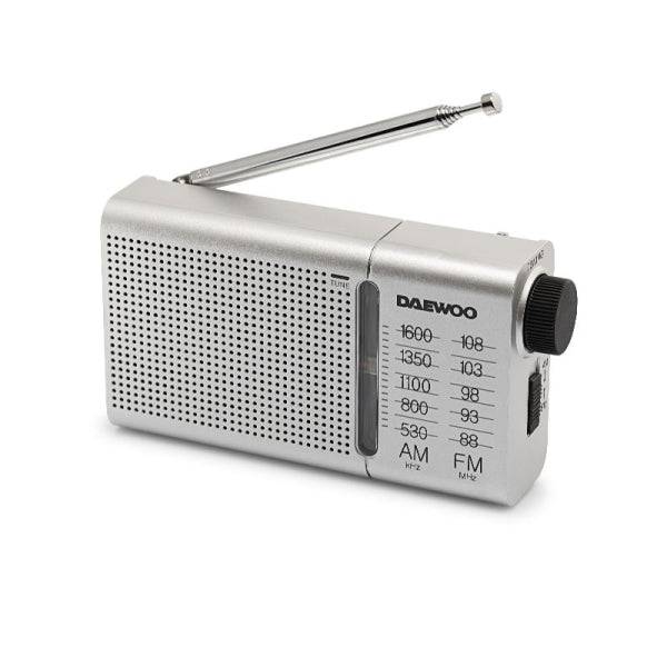 Daewoo DW1037 Radio Portatile AM/FM Analogica - Antenna Telescopica - Altoparlante Integrato - Include Auricolari - Uscita Jack 3.5mm - Funzionamento a Pile (2xAA) - Manopola di Sintonia Precisa - Colore Blu Argento