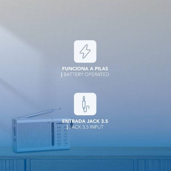 Daewoo DW1037 Radio Portatile AM/FM Analogica - Antenna Telescopica - Altoparlante Integrato - Include Auricolari - Uscita Jack 3.5mm - Funzionamento a Pile (2xAA) - Manopola di Sintonia Precisa - Colore Blu Argento