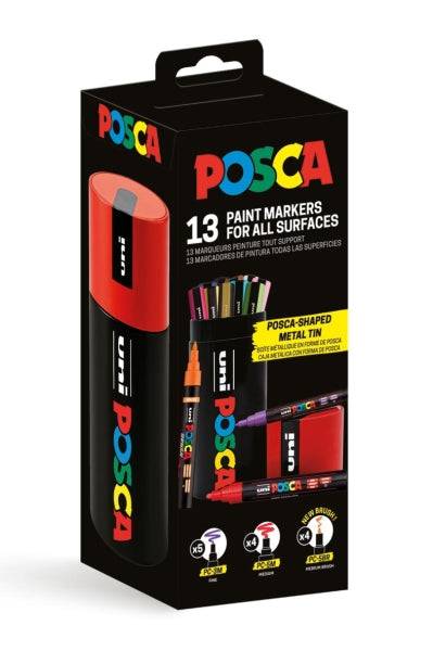 Posca Lattina Metallica con 13 Pennarelli Vernice - 4x PC-5M, 5x PC-3M, 4x PC-5BR - Inchiostro Base Acqua - Non Permanente - Resistente alla Luce - Colori Assortiti