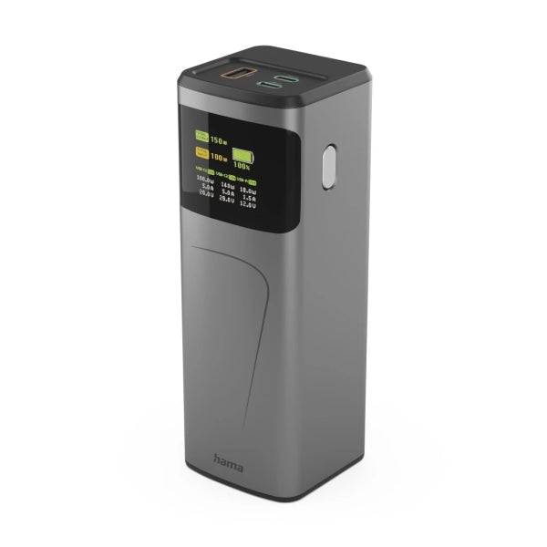 Hama High Power Batteria Esterna Powerbank 24000mAh - Potenza 150W - USB-C - USB-A - Power Delivery - Schermo TFT - Indicatore di Carica - 3 Uscite - 56.27x160x56.27mm - Colore Grigio