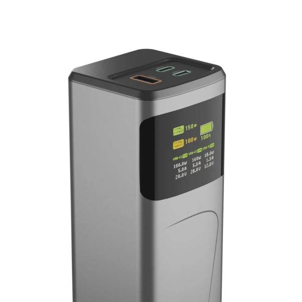 Hama High Power Batteria Esterna Powerbank 24000mAh - Potenza 150W - USB-C - USB-A - Power Delivery - Schermo TFT - Indicatore di Carica - 3 Uscite - 56.27x160x56.27mm - Colore Grigio