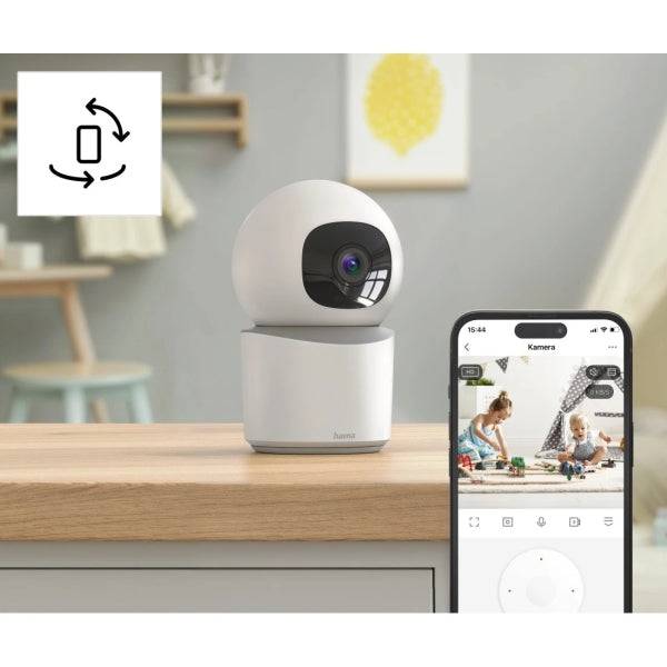 Hama Videocamera di Sorveglianza Intelligente con Microfono - Visione Notturna - Cavo 96cm - Ideale per Animali Domestici - Funzione Rotativa - Assistente Vocale - WiFi - 2.4GHz - Full HD - Colore Bianco