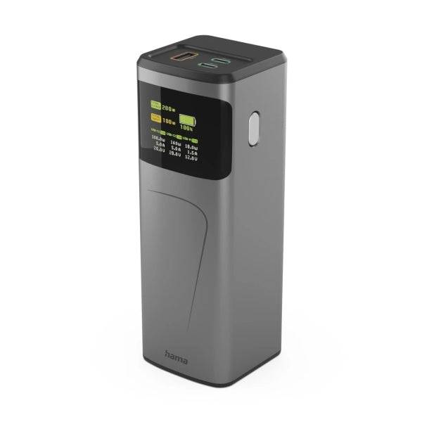 Hama High Power Batteria Esterna Powerbank 24000mAh - Potenza 200W - USB-C - USB-A - Power Delivery - Schermo TFT - Indicatore di Carica - 3 Uscite - 56.27x160x56.27mm - Colore Grigio