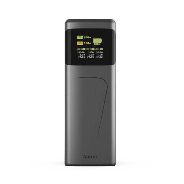 Hama High Power Batteria Esterna Powerbank 24000mAh - Potenza 200W - USB-C - USB-A - Power Delivery - Schermo TFT - Indicatore di Carica - 3 Uscite - 56.27x160x56.27mm - Colore Grigio