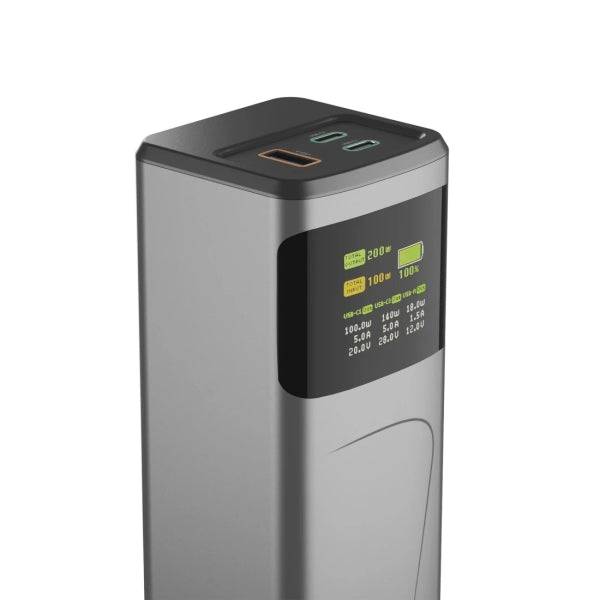 Hama High Power Batteria Esterna Powerbank 24000mAh - Potenza 200W - USB-C - USB-A - Power Delivery - Schermo TFT - Indicatore di Carica - 3 Uscite - 56.27x160x56.27mm - Colore Grigio