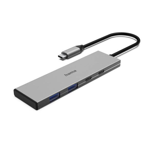 Hama Essential Hub USB 3.2 - Potenza Massima 100W - Cavo USB-C Integrato 15cm - 2x USB-C - 2x USB-A - Power Delivery - Colore Grigio