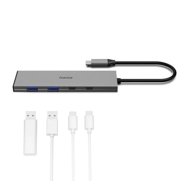 Hama Essential Hub USB 3.2 - Potenza Massima 100W - Cavo USB-C Integrato 15cm - 2x USB-C - 2x USB-A - Power Delivery - Colore Grigio