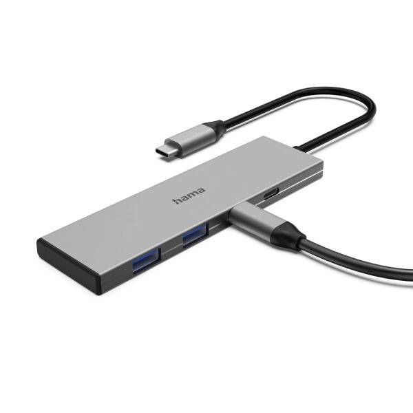 Hama Essential Hub USB 3.2 - Potenza Massima 100W - Cavo USB-C Integrato 15cm - 2x USB-C - 2x USB-A - Power Delivery - Colore Grigio