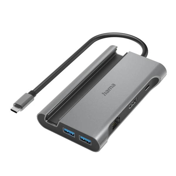Hama Essential Hub USB 3.2 - Potenza Massima 100W - Cavo USB-C Integrato 15cm - LAN Ethernet 1Gbps - HDMI 4K - 3x USB-A - 2x USB-C - Power Delivery - Colore Grigio
