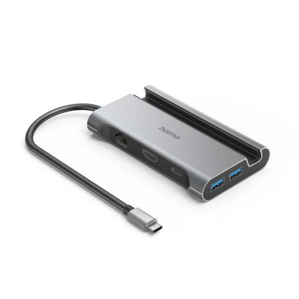 Hama Essential Hub USB 3.2 - Potenza Massima 100W - Cavo USB-C Integrato 15cm - LAN Ethernet 1Gbps - HDMI 4K - 3x USB-A - 2x USB-C - Power Delivery - Colore Grigio