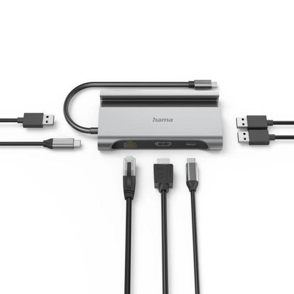 Hama Essential Hub USB 3.2 - Potenza Massima 100W - Cavo USB-C Integrato 15cm - LAN Ethernet 1Gbps - HDMI 4K - 3x USB-A - 2x USB-C - Power Delivery - Colore Grigio