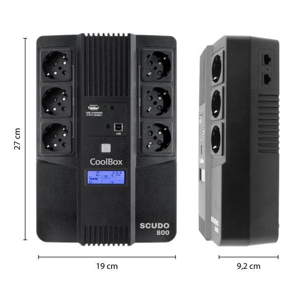 Coolbox Scudo3 UPS 800VA 480W - 6x Schuko - USB - 2x RJ45 - Protezione Completa Contro Picchi di Tensione e Interruzioni di Alimentazione - Display LCD